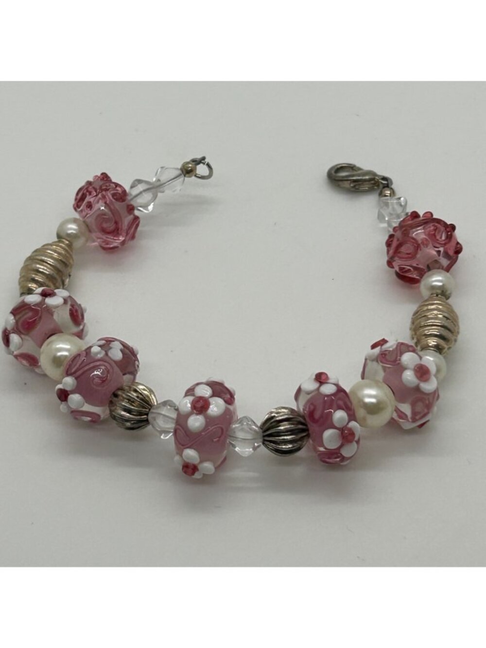 Floral Lampwork Bracelet Glass Bead Bracelet Pink White Pearl Crystal Artisan - Picture 10 of 10